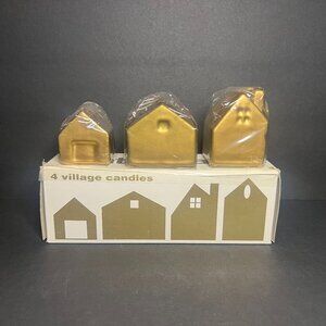 Vintage 1993 Set of 3 Crate & Barrel Gold Matte Figural Retro Village Candles